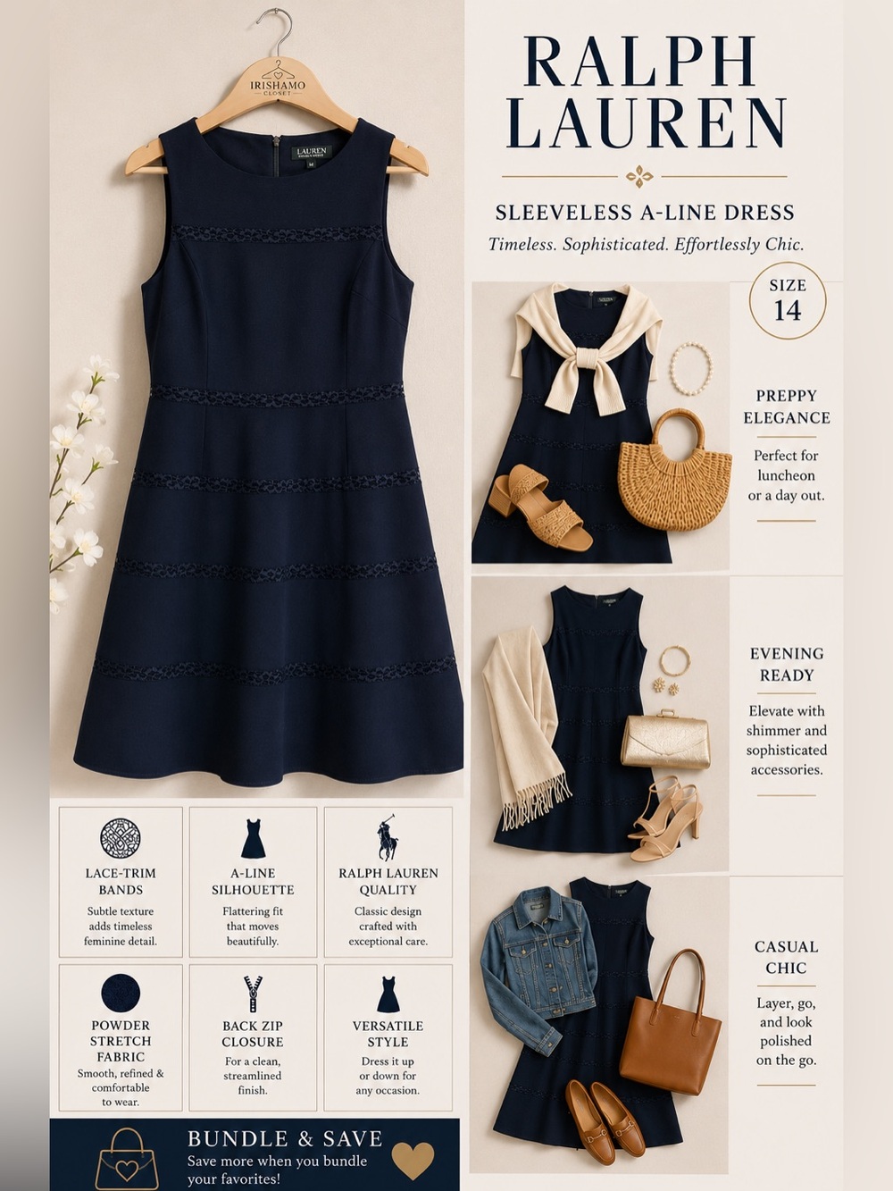 Lauren Ralph Lauren Navy Blue Sleeveless A-Line Dress LACE INSET BANDS Size 14